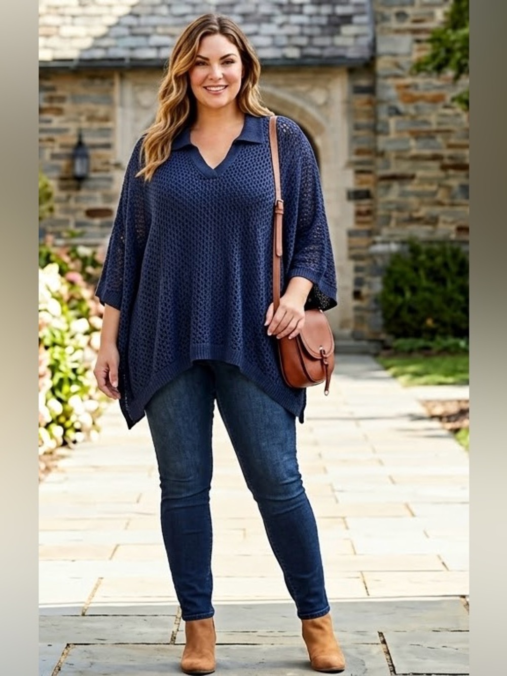 ANNE KLEIN Deep Blue / Navy V-Neck Open-Knit Poncho Sweater
